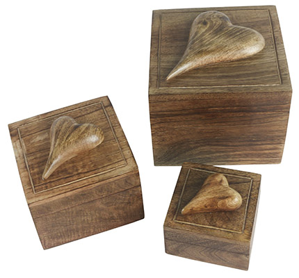 Mango Wood Set Of 3 Square Heart Boxes